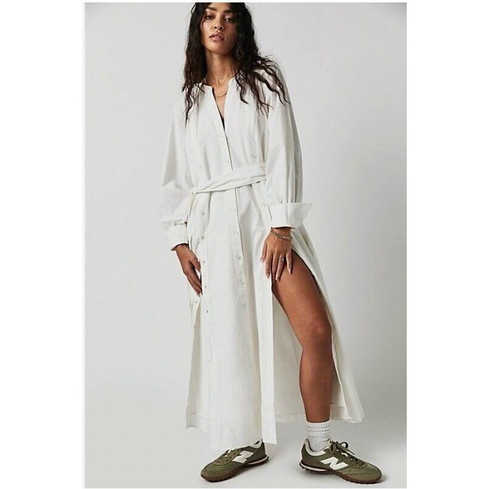 Free People White Midi Shirt Dress with Belt